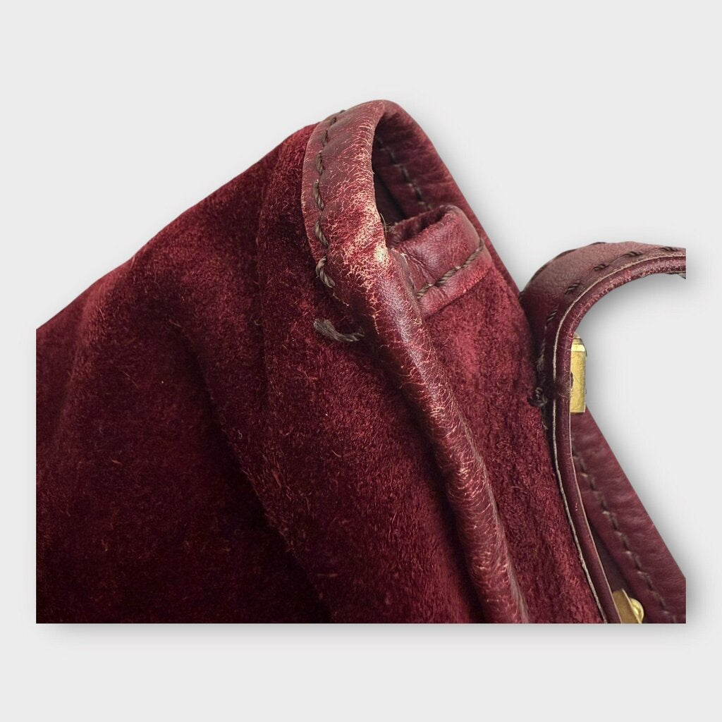 Red Suede Embossed Logo Flap Bag