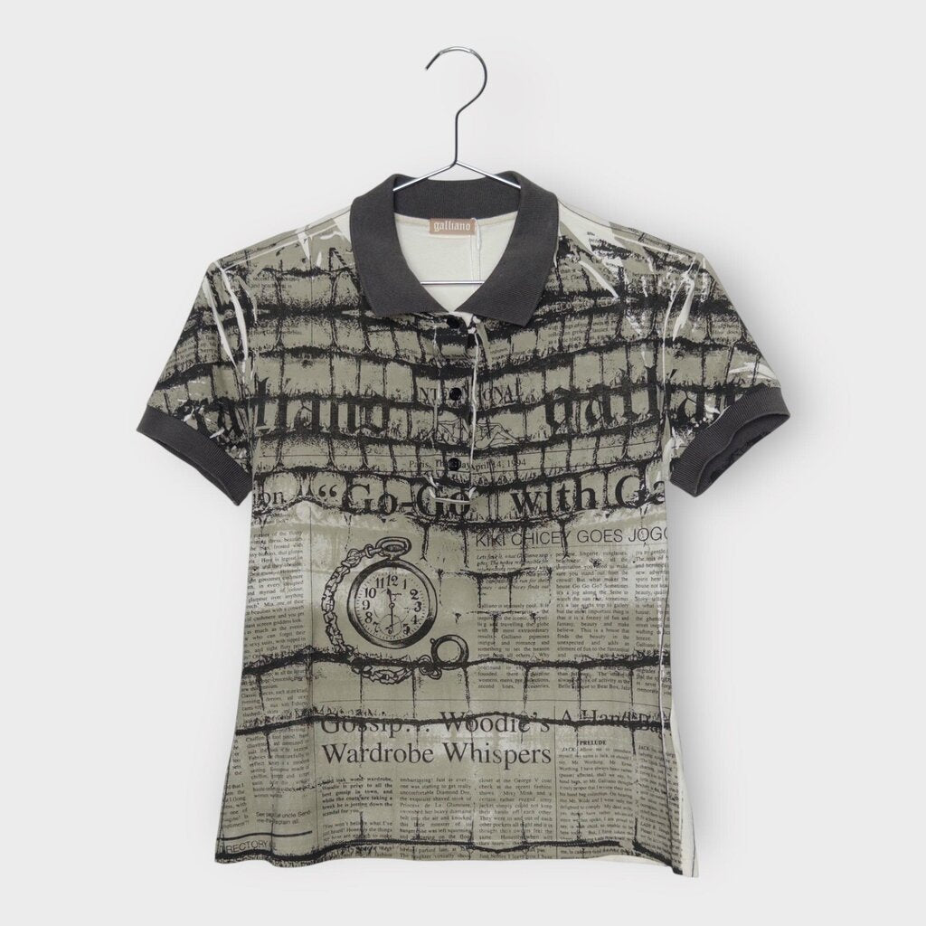 Grey White Black Newspaper Print Polo