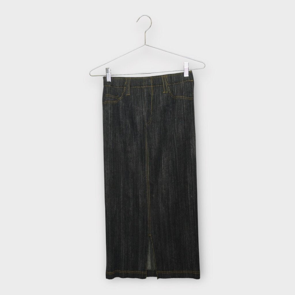 Grey Denim Printed Pleated Long Skirt