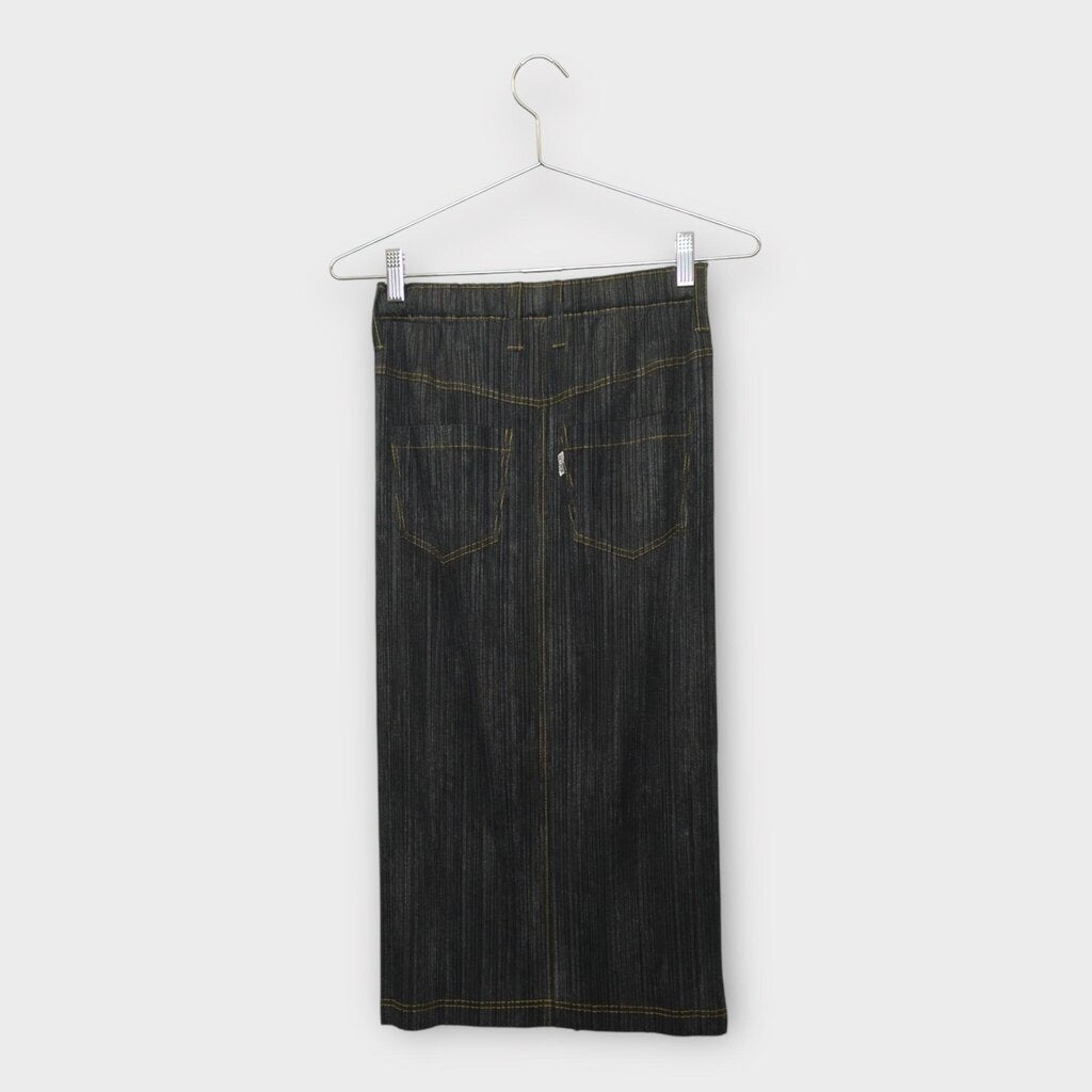 Grey Denim Printed Pleated Long Skirt