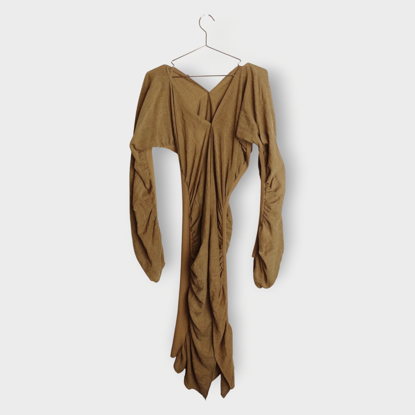 Wool Ruched V-Neck Dress