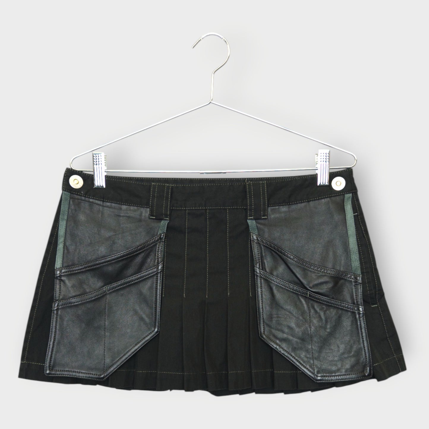Pleated Mini Skirt Leather Contrast