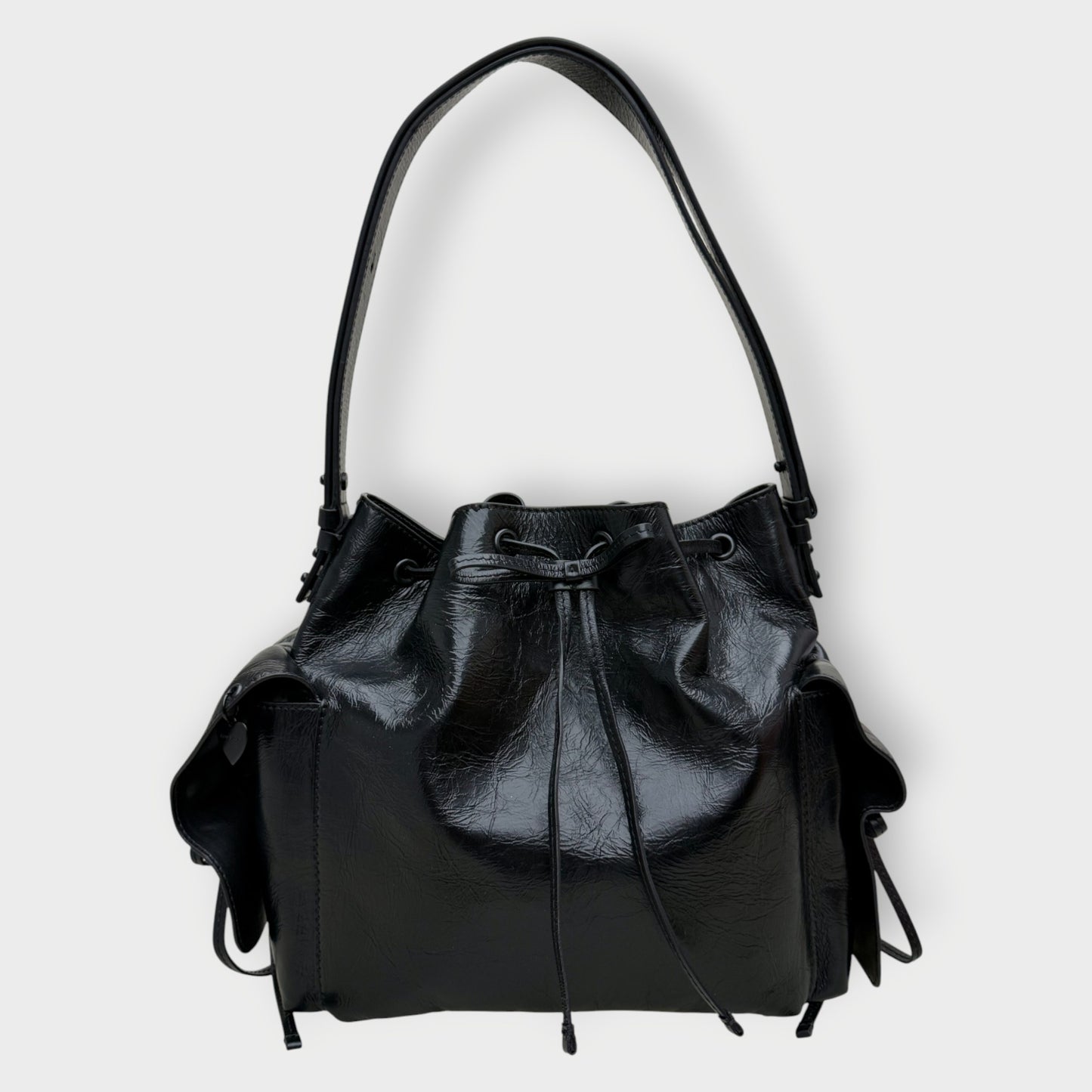 Leather Ruffle Multipocket Bucket Bag