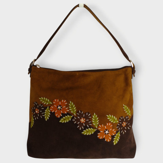 Suede Floral Embroidered Shoulder Bag