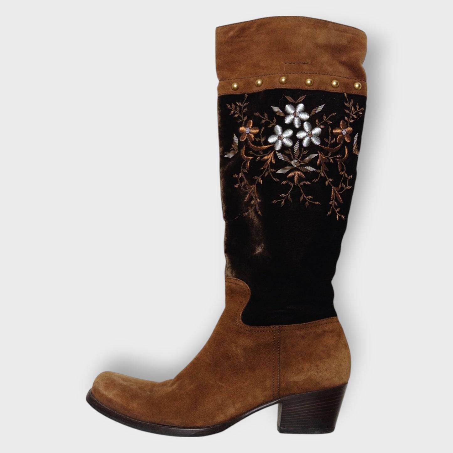 Brown Suede & Velvet Embroidered Cowboy Boot