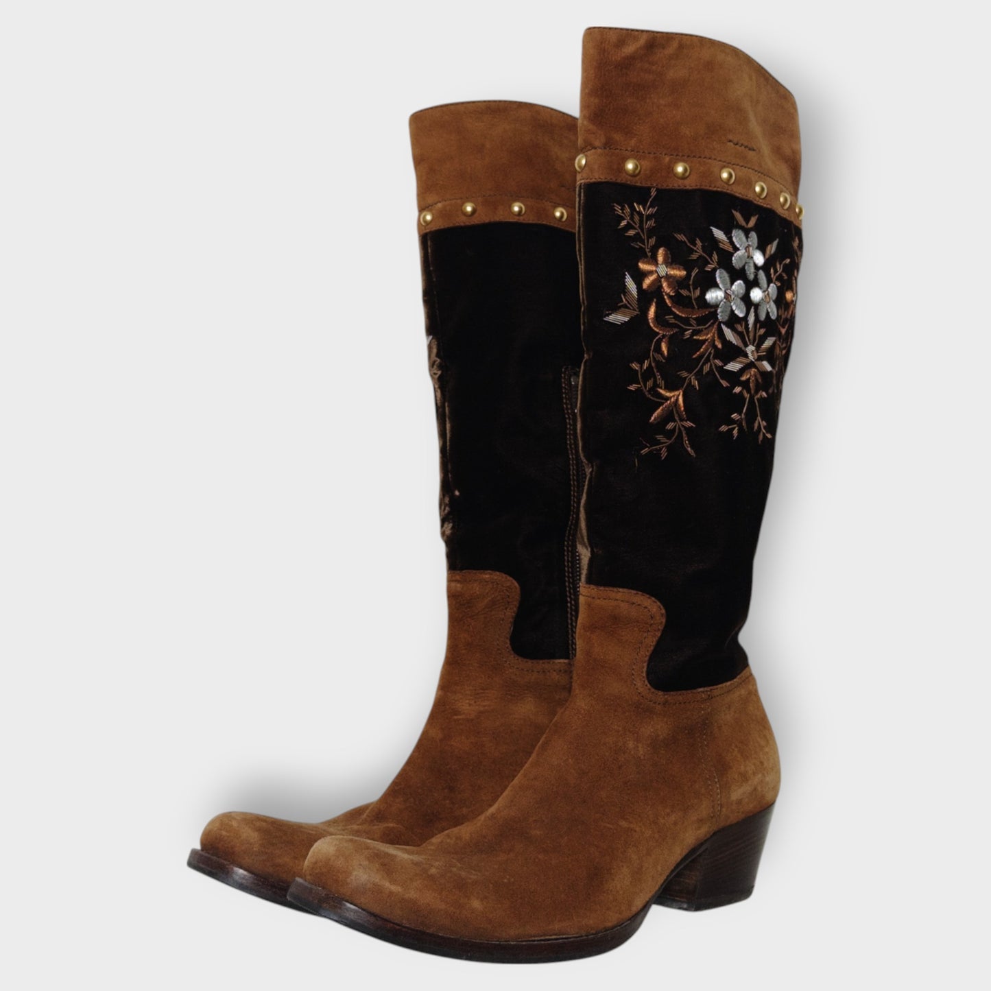 Brown Suede & Velvet Embroidered Cowboy Boot