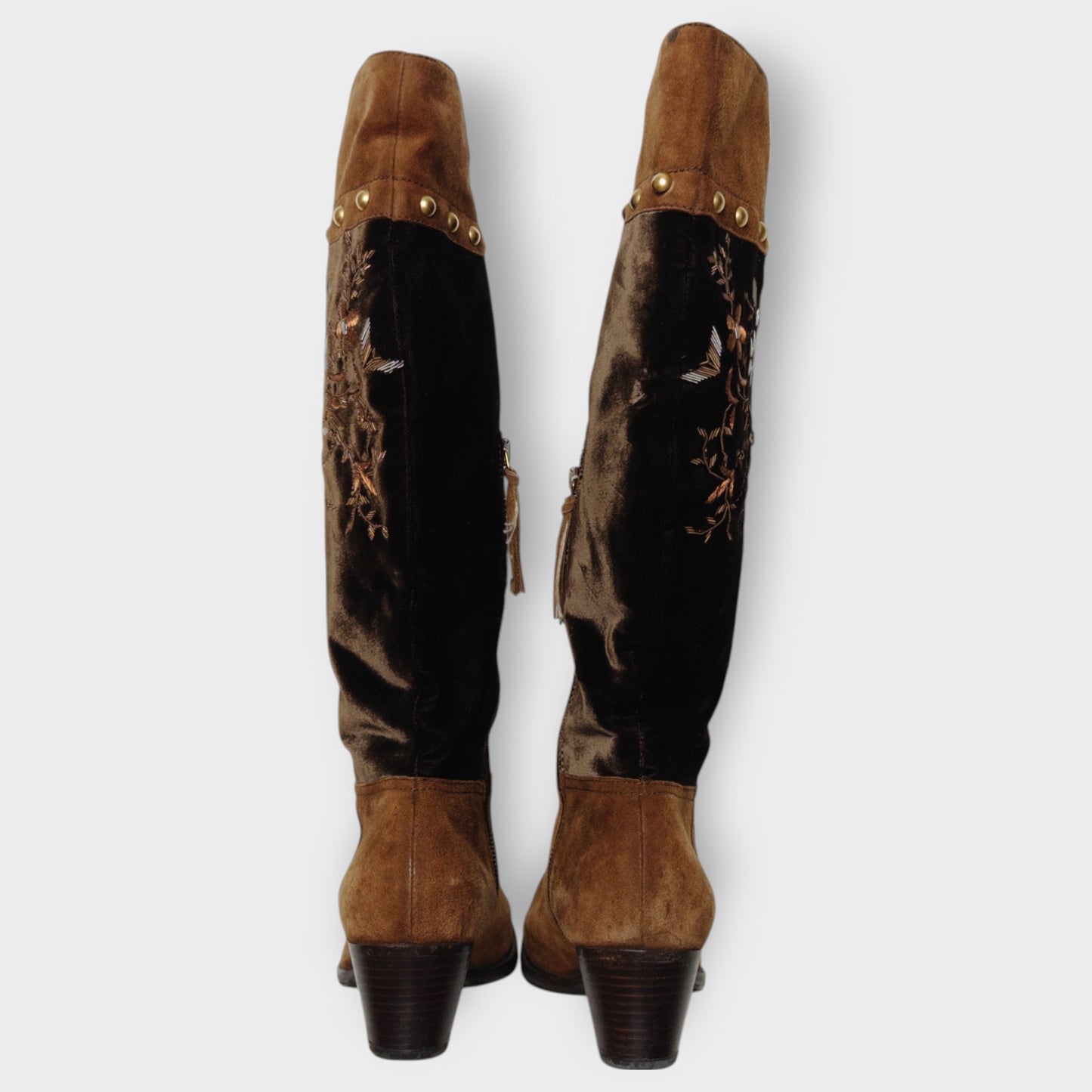 Brown Suede & Velvet Embroidered Cowboy Boot