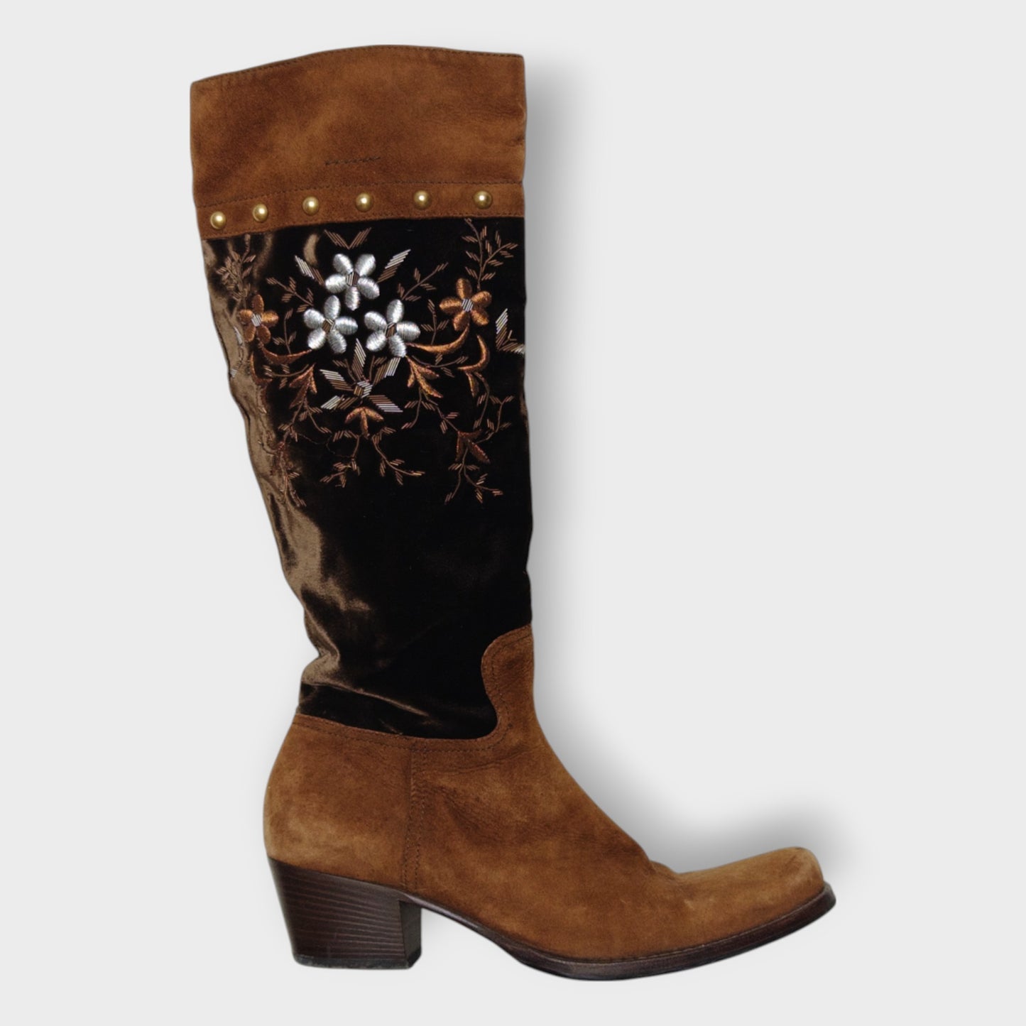 Brown Suede & Velvet Embroidered Cowboy Boot