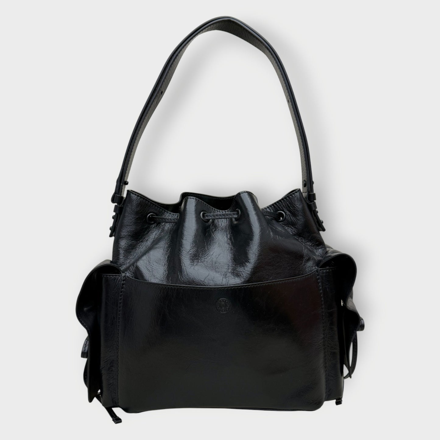 Leather Ruffle Multipocket Bucket Bag