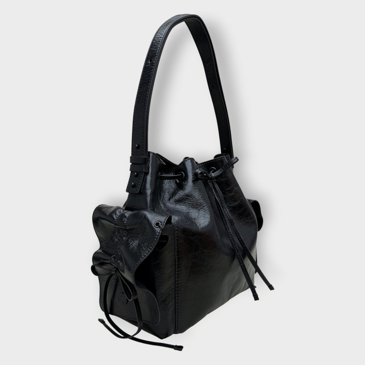 Leather Ruffle Multipocket Bucket Bag