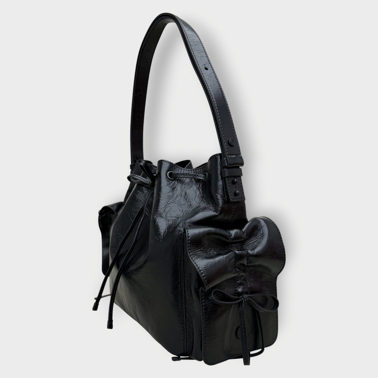Leather Ruffle Multipocket Bucket Bag