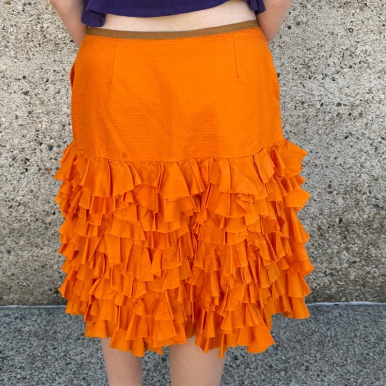 Orange Silk Frill Midi Skirt