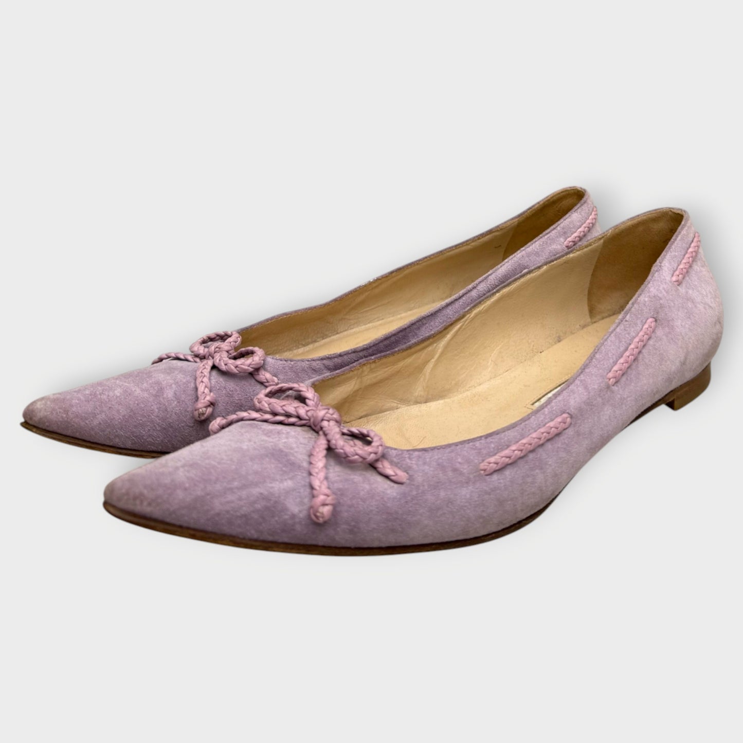 Suede Pointed Toe Lace Bow Flats