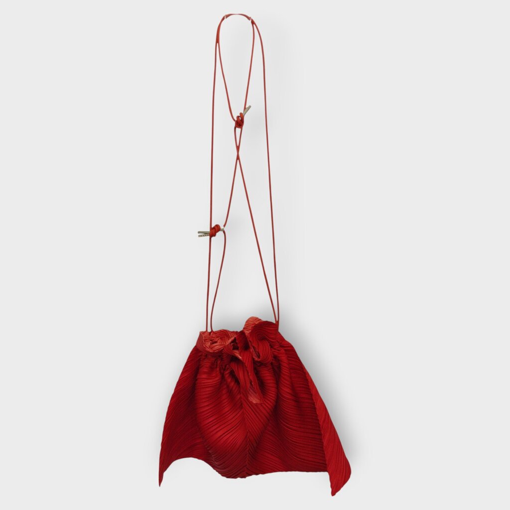 Red Plisse Drawstring Pouch Bag