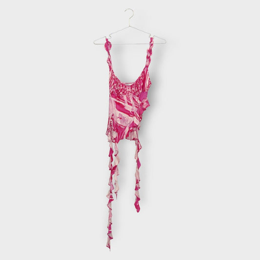 Patterned Ruched Ruffle Tie Cami