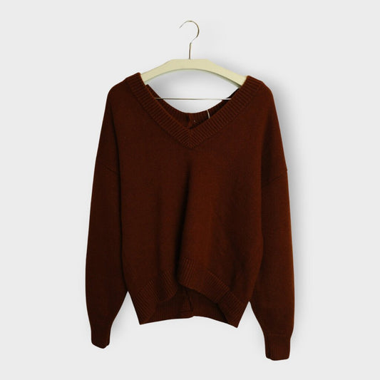 Brown Red Cashmere V Neck Sweater