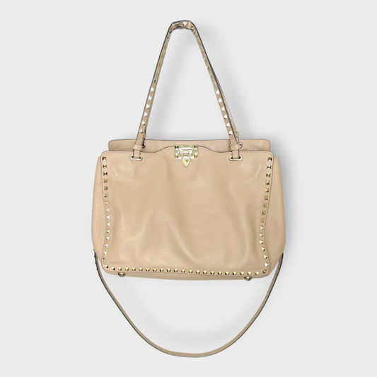 Beige Pink Leather Rockstud Slouch Bag