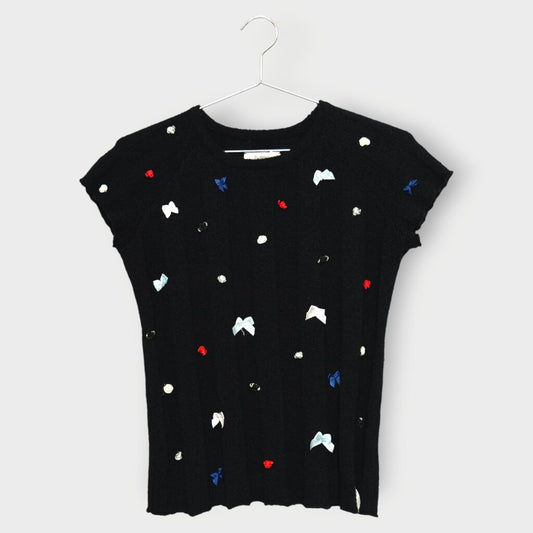 Flower Ribbon Embellished Knit Top