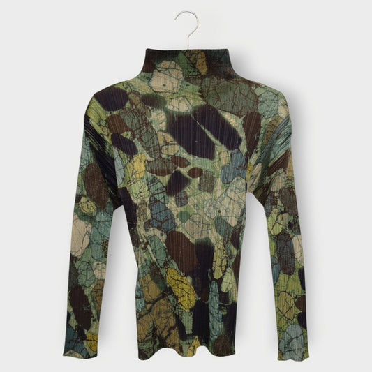 Brown & Green Print Pleated Long Sleeve Top