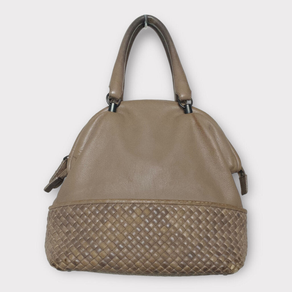 Grey Leather Woven Bowling Bag