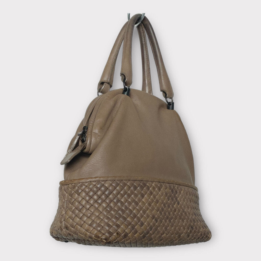 Grey Leather Woven Bowling Bag