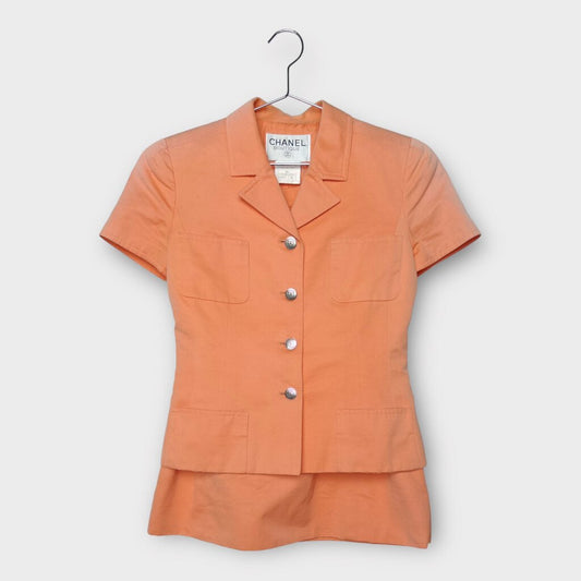 Chanel Vintage 90's Creamsicle Orange Cotton Skirt + Short Sleeve Blazer