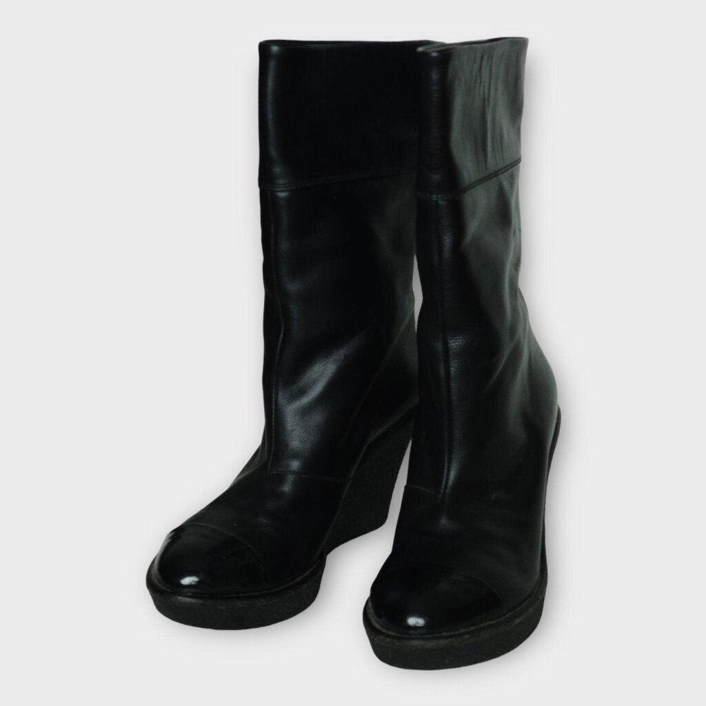 Black Leather Mid Calf Wedge Heel Boots