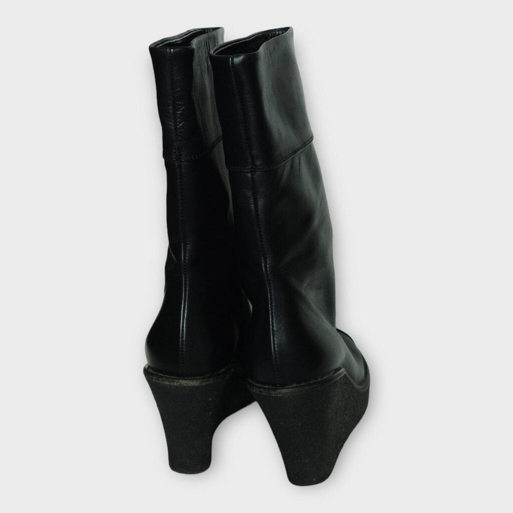 Black Leather Mid Calf Wedge Heel Boots