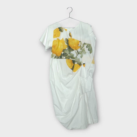 Dries Van Noten White & Yellow Rose Print Midi Dress
