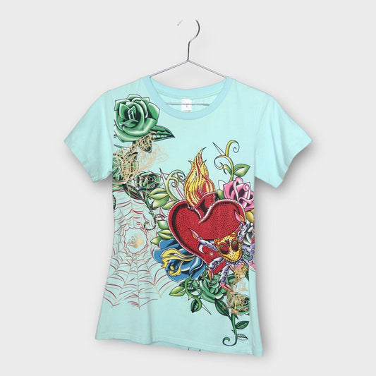Christian Audigier Turquoise Red Floral Heart Tee