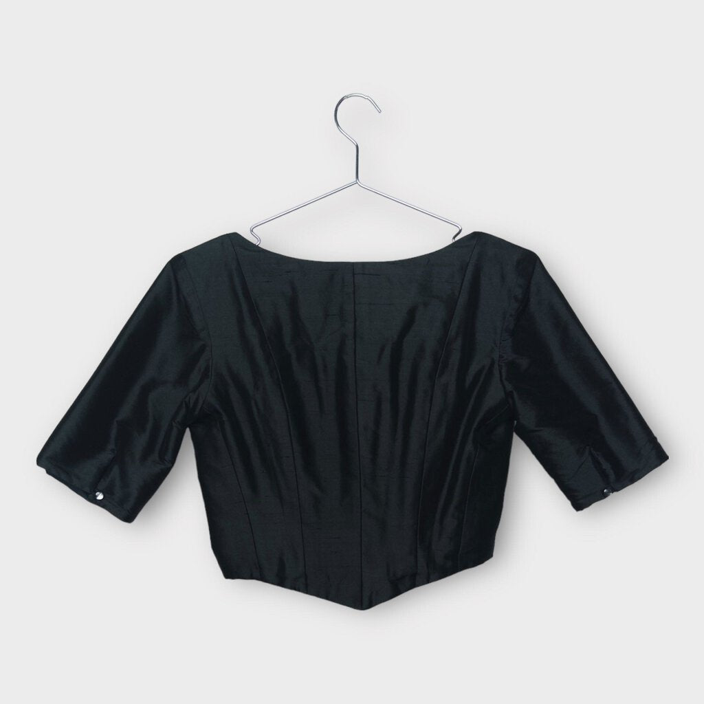 All Is a Gentle Spring Black Silk Square Neckline 1/3 Sleeve Corset Top