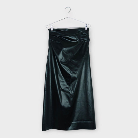 Dries Van Noten Black Wet-Look Ruched Waist Midi Skirt