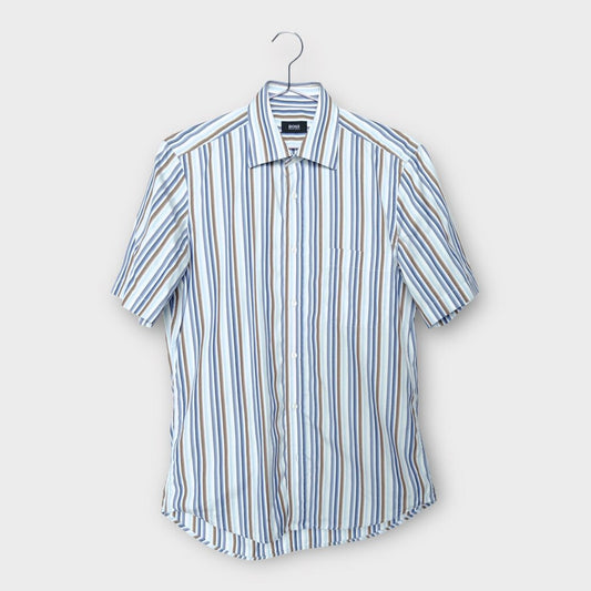 Boss White Blue & Brown Cotton Stripe Shirt