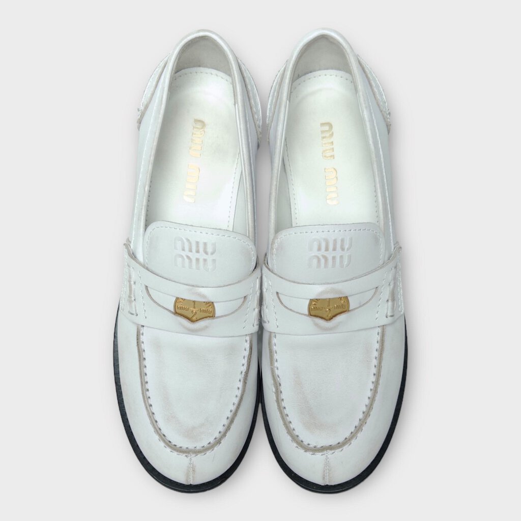 Miu Miu White Leather Vintage Effect Penny Loafer