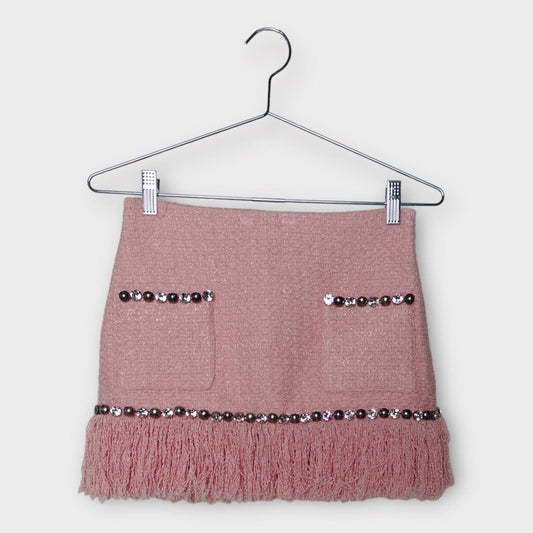 Area Pink Tweed Fringed Mini Skirt
