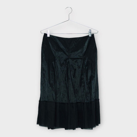 Nicola Waite Black Coated Midi Skirt with Silk Mesh Trim