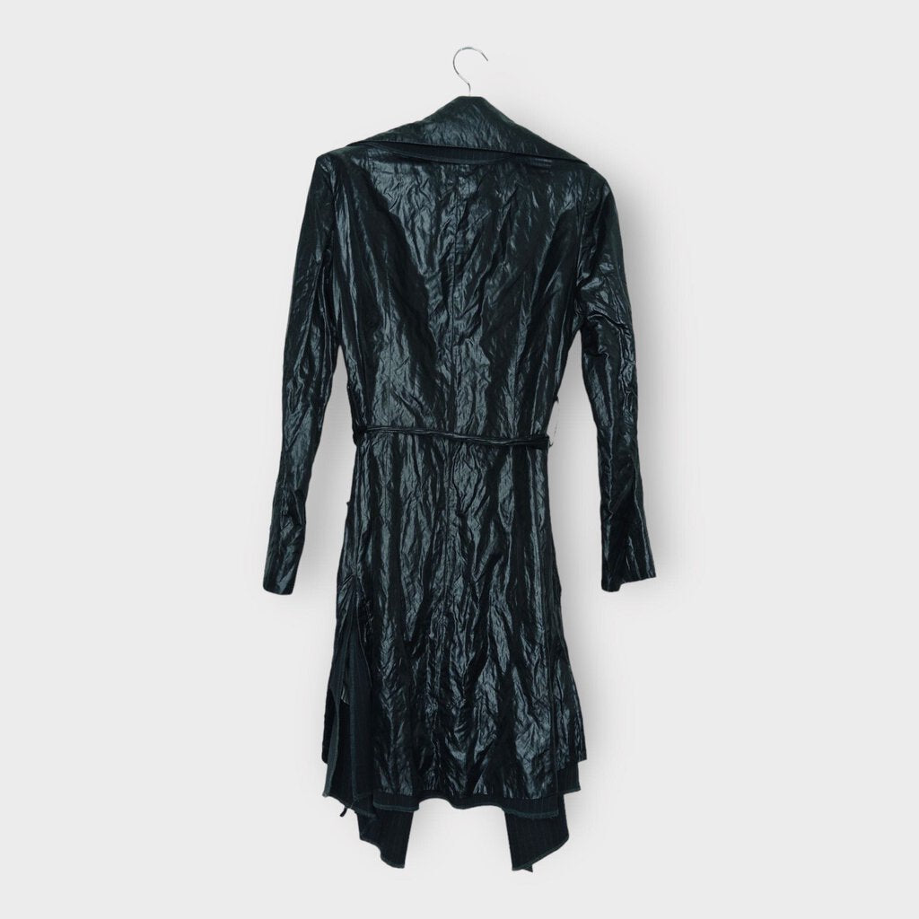 Black Wet Look Longline Coat w Pinstripe Trim