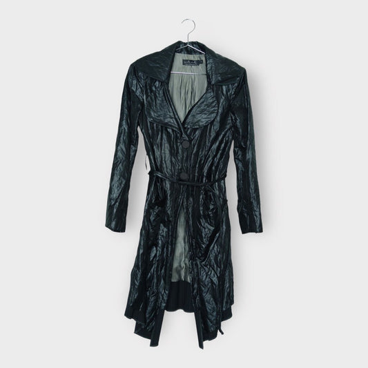 Black Wet Look Longline Coat w Pinstripe Trim