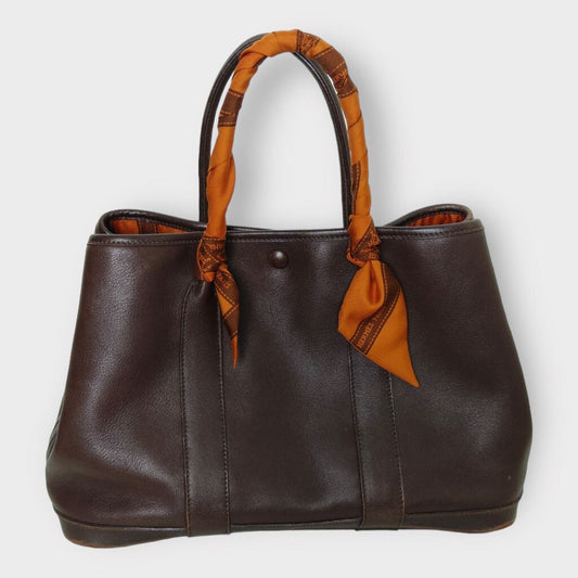 Brown Leather Garden Party Handbag w Orange Scarf