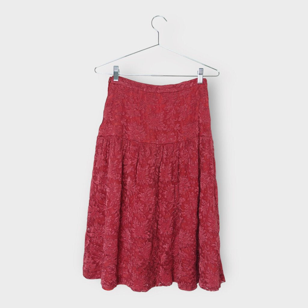 Vintage Red Floral Mesh Overlay Midi Skirt