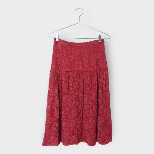 Vintage Red Floral Mesh Overlay Midi Skirt