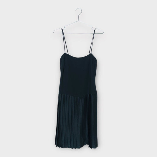 Black Fitted Poly Pleated Skirt Midi Dress
