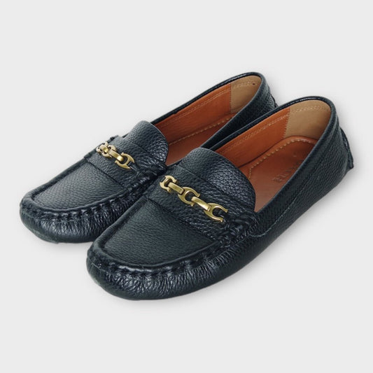 Coach Black Leather Gold Coach Link Loafers
