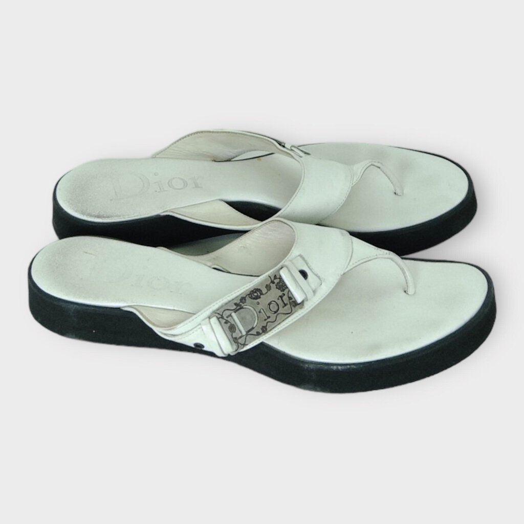 Christian Dior White Leather Thong Sandals with Silver Hardware