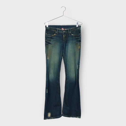 Dirty Wash Distress Low Rise Boot Cut Jeans