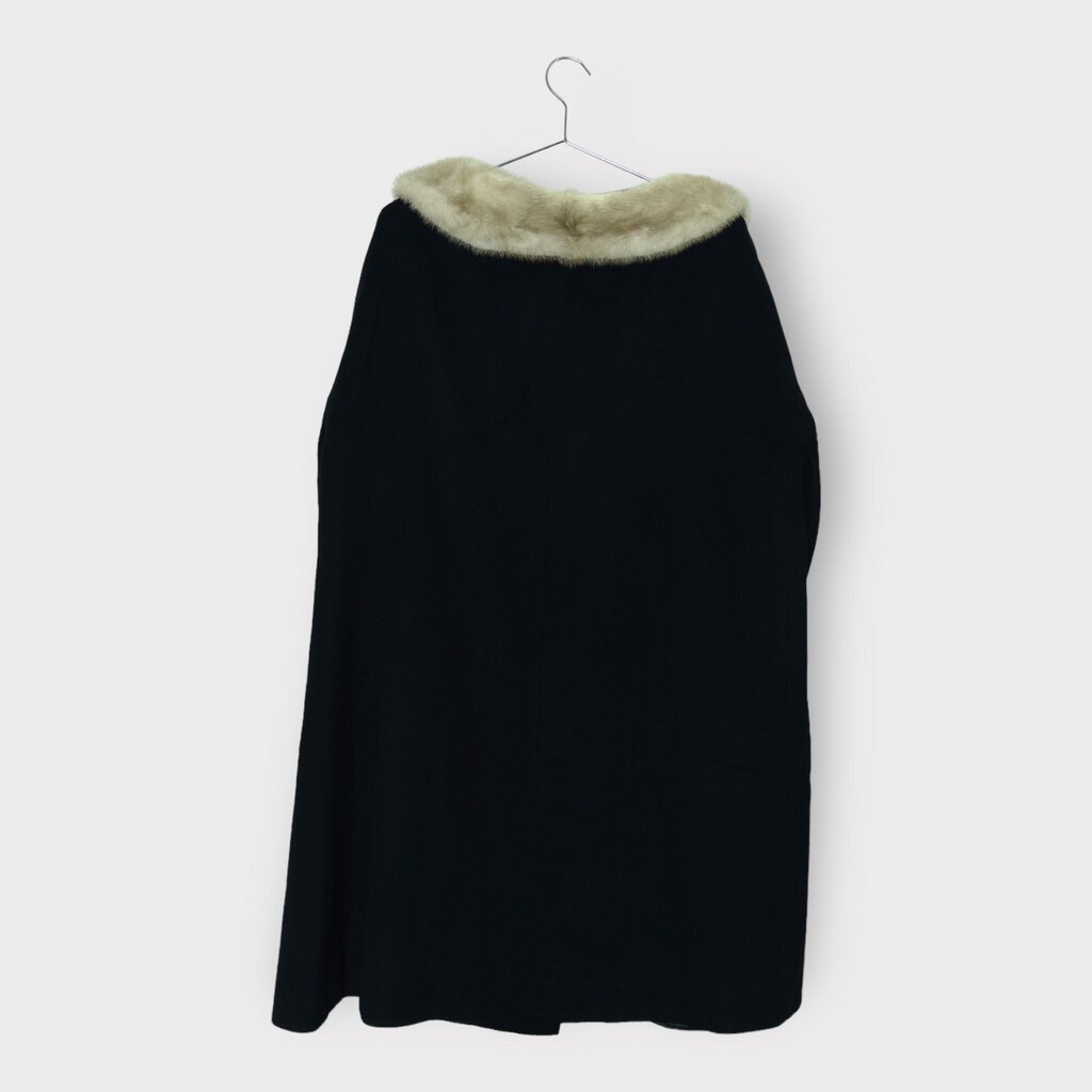 Black Felt Longline Coat with Cream Fur Trim