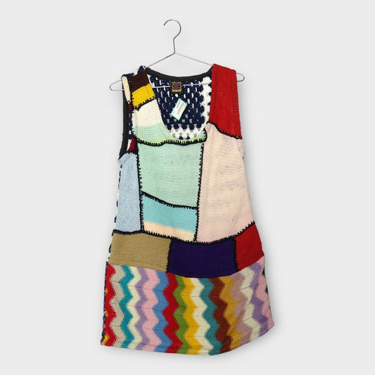 Green Blue Multicolour Wool Knit Patchwork Dress
