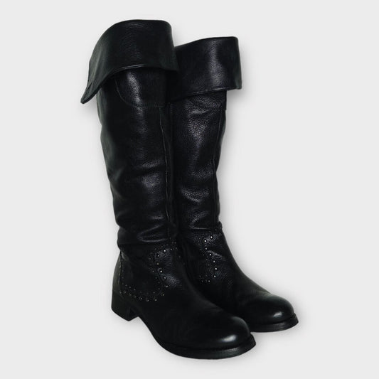 Black Leather Knee High Studded Boot