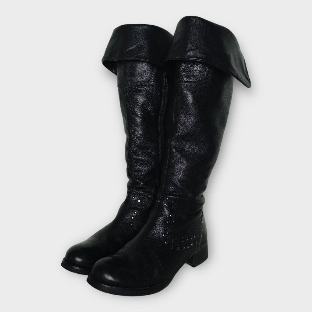 Black Leather Knee High Studded Boot