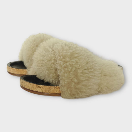 Cream Shearling Strappy Slides